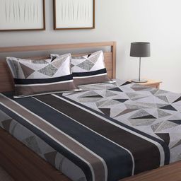 KLOTTHE Grey & Brown Geometric Printed 300 TC Fitted King Bedsheet With 2 Pillow Covers-5