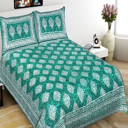 UNIQCHOICE Turquoise Blue Printed Cotton 120 TC Queen Bedsheet With 2 Pillow Covers-image-86
