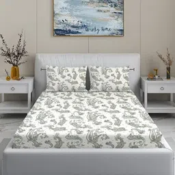 Quirky Home White & Grey Floral 200 TC King Bedsheet with 2 Pillow Covers-image-7