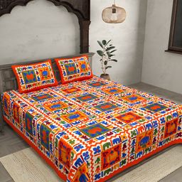 JAIPUR FABRIC Red & Green Geometric 120 TC Cotton King Bedsheet With 2 Pillow Covers-11