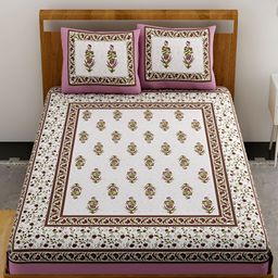 UNIQCHOICE Pink & White Floral Printed Cotton 144 TC Queen Bedsheet With 2 Pillow Covers-image-6