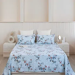 HOMEMONDE Blue & Brown Floral Cotton 210 TC Queen Bedsheet With 2 Pillow Covers-image-97