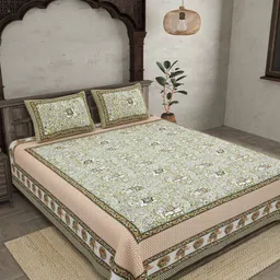 JAIPUR FABRIC Green Ethnic Motifs 210 TC Cotton Queen Bedsheet with 2 Pillow Covers-image-88