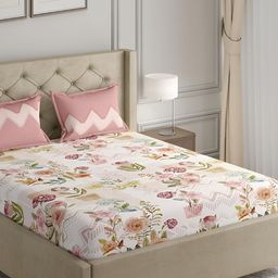 GM White & Pink Floral 144 TC Queen Bedsheet with 2 Pillow Covers-image-27