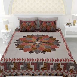 LIVING ROOTS Grey & Red Ethnic Motifs 150 TC Cotton King Bedsheet with 2 Pillow Covers-picture-23