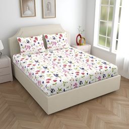 Home Ecstasy White & Blue Floral 140 TC Cotton Queen Bedsheet with 2 Pillow Covers-image-77