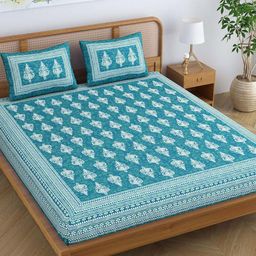 SheetKart Sea Green & White Printed Pure Cotton 144 TC Queen Bedsheet & 2 Pillow Covers-image-91
