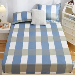 JC HOME Blue & White Geometric 160 TC Fitted King Bedsheet with 2 Pillow Covers-picture-36