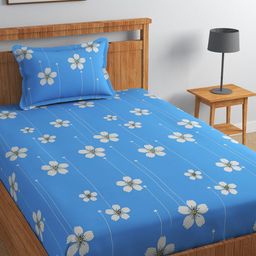 Florida Blue & White Floral Cotton 180 TC Single Bedsheet With 1 Pillow Cover-image-52