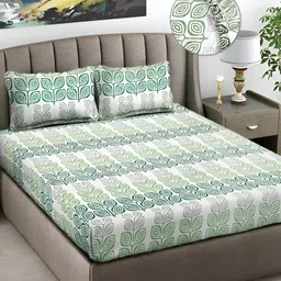FABINALIV White & Green Floral 300 TC Fitted King Bedsheet with 2 Pillow Covers-image-8