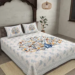 JAIPUR FABRIC Blue & Grey Printed Cotton 250 TC Queen Bedsheet with 2 Pillow Covers-image-63
