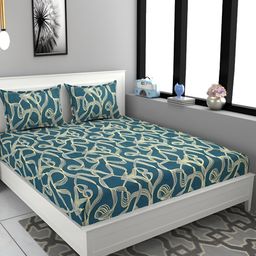 FINE TEX WORLD Teal & Cream 180 TC Microfiber Queen Bedsheet With 2 Pillow Covers-4