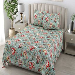 tundwal's Red & Blue Floral Cotton 210 TC King Bedsheet with 2 Pillow Covers-image-69