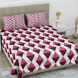 POORAK Pink & White Geometric 104 TC Queen Bedsheet with 2 Pillow Covers-image-85
