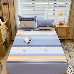 JC HOME Blue & Orange Striped Cotton Fitted 230 TC King Bedsheet with 2 PillowCovers-image-75