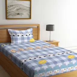 KLOTTHE Blue & White Printed 300TC Fitted Single Bed Bedsheet With 1 Pillow Cover-image-13
