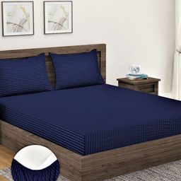 Home Sizzler Blue Striped 300 TC Fitted Cotton King Bedsheet & 2 Pillow Covers-image-96