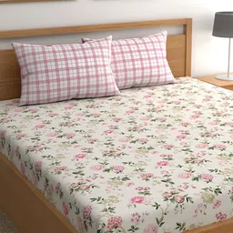 CHHAVI INDIA Pink & Green Floral Microfiber 210 TC King Bedsheet with 2 Pillow Covers-image-88