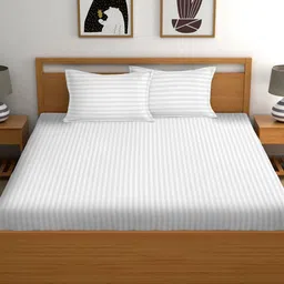 RIDHAAN White Striped 220 TC Cotton Queen Fitted Bedsheet With 2 Pillow Covers-image-95