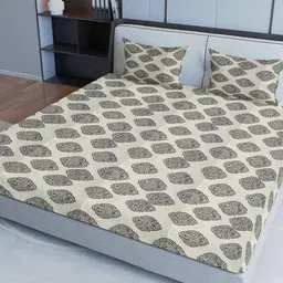 Sangria Grey & White Ethnic Motif Printed 200TC Fitted Pure Cotton Queen Bedsheet Set-picture-15