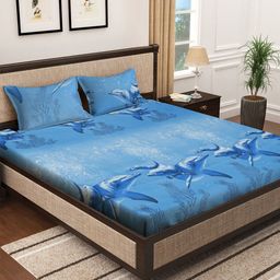 KLOTTHE Blue & Black Printed 300 TC King Size Bedsheet With 2 Pillow Cover-image-7