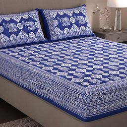 Varde Blue & White Ethnic Motifs Cotton 210 TC King Bedsheet With 2 Pillow Covers-image-83