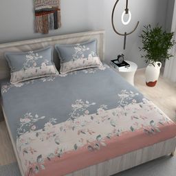 FINE TEX WORLD Pink & Grey Floral Fitted 210 TC King Bedsheet with 2 Pillow Covers-image-67