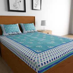 Urban Magic Turquoise Blue & White Floral Cotton 104 TC Queen Bedsheet & 2 Pillow Covers-image-9