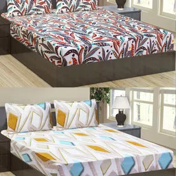 Aura White & Red Floral 144 TC 2 Queen Bedsheet with 4 Pillow Covers-picture-0