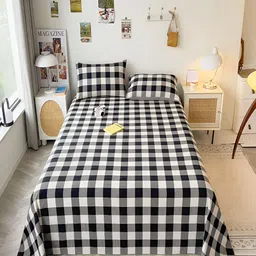 JC HOME White & Black Geometric Print 220 TC Single Bedsheet with 1 Pillow Covers-image-44