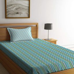 MYTRIDENT Teal  Pink Geometric 144 TC Single Bedsheet with 1 Pillow Cover-picture-19