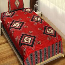 Aura Red & Black Geometric Cotton 120 TC Single Bedsheet with 2 Pillow Covers-0