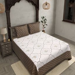 BED-SHEET.COM Brown & White Ethnic Motifs Cotton 140 TC King Bedsheet With 2 Pillow Covers-image-34