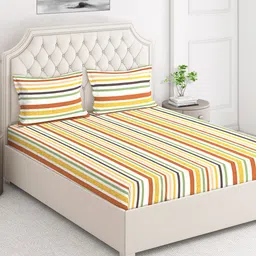 Layers Brown & Yellow Striped 124 TC Flat Queen Bedsheet with 2 Pillow Covers-picture-48