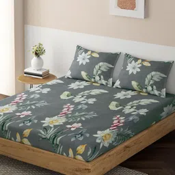 HOKIPO Grey & Green Floral 140 TC Fitted Cotton Queen Bedsheet with 2 Pillow Covers-image-63