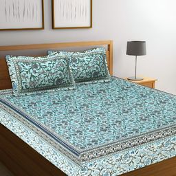 VANI E Blue & Grey Floral Printed 200 TC King Bedsheet with 2 Pillow Covers-image-72