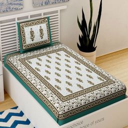 Aura White Printed 120 TC Pure Cotton Single Bedsheet with 1 Pillow Cover-4