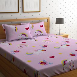 HOSTA HOMES Kids Pink & White Printed 210 TC Queen Flat Bedsheet with 2 Pillow Covers-image-30