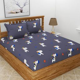 BREVARD Grey & White Cartoon Characters 180 TC Queen Bedsheet With 2 Pillow Covers-image-58