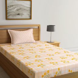 KLOTTHE Yellow & Brown Floral Printed 300 TC Fitted Single Bedsheet & Pillow Cover-15