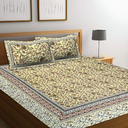 VANI E Yellow & Brown Floral Printed 200 TC King Bedsheet with 2 Pillow Covers-image-14