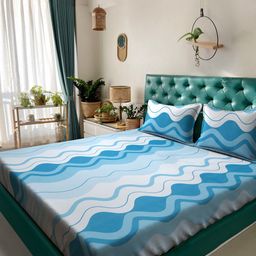 KLOTTHE Blue & White Abstract Printed 300 TC Fitted King Bedsheet With 2 Pillow Covers-23