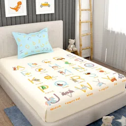 EverHOME Beige & Blue Typography 160 TC Cotton Flat Single Bedsheet With 1 Pillow Cover-image-14