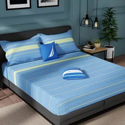 Nautica Blue & Yellow Striped Pure Cotton 150 TC King Bedsheet With 2 Pillow Covers-image-8