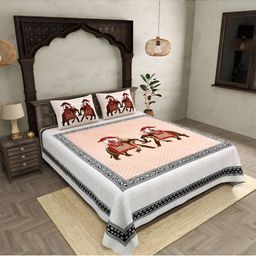 BED-SHEET.COM Peach & Red Ethnic Motifs 250 TC Cotton King Bedsheet with 2 Pillow Covers-3