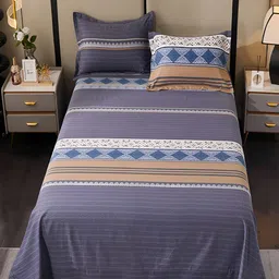 JC HOME Grey & Beige Striped Cotton 220 TC King Bedsheet With 2 Pillow Covers-image-86