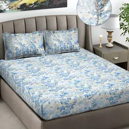 FABINALIV  Beige Floral Cotton Blend 300 TC Fitted King Bedsheet with 2 Pillow Covers-image-30