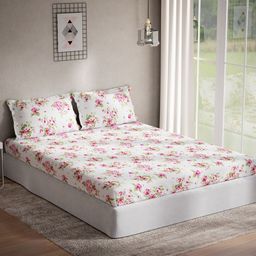 DDecor White & Pink Floral 144 TC Cotton Queen Bedsheet With 2 Pillow Covers-picture-28
