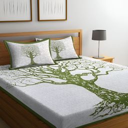 UNIQCHOICE Green & White Floral Printed Cotton 120 TC Queen Bedsheet With 2 Pillow Covers-picture-19