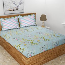 MORADO Saffron Blue & Green Floral Printed 210 TC King Bedsheet 2 Pillow Covers-picture-41